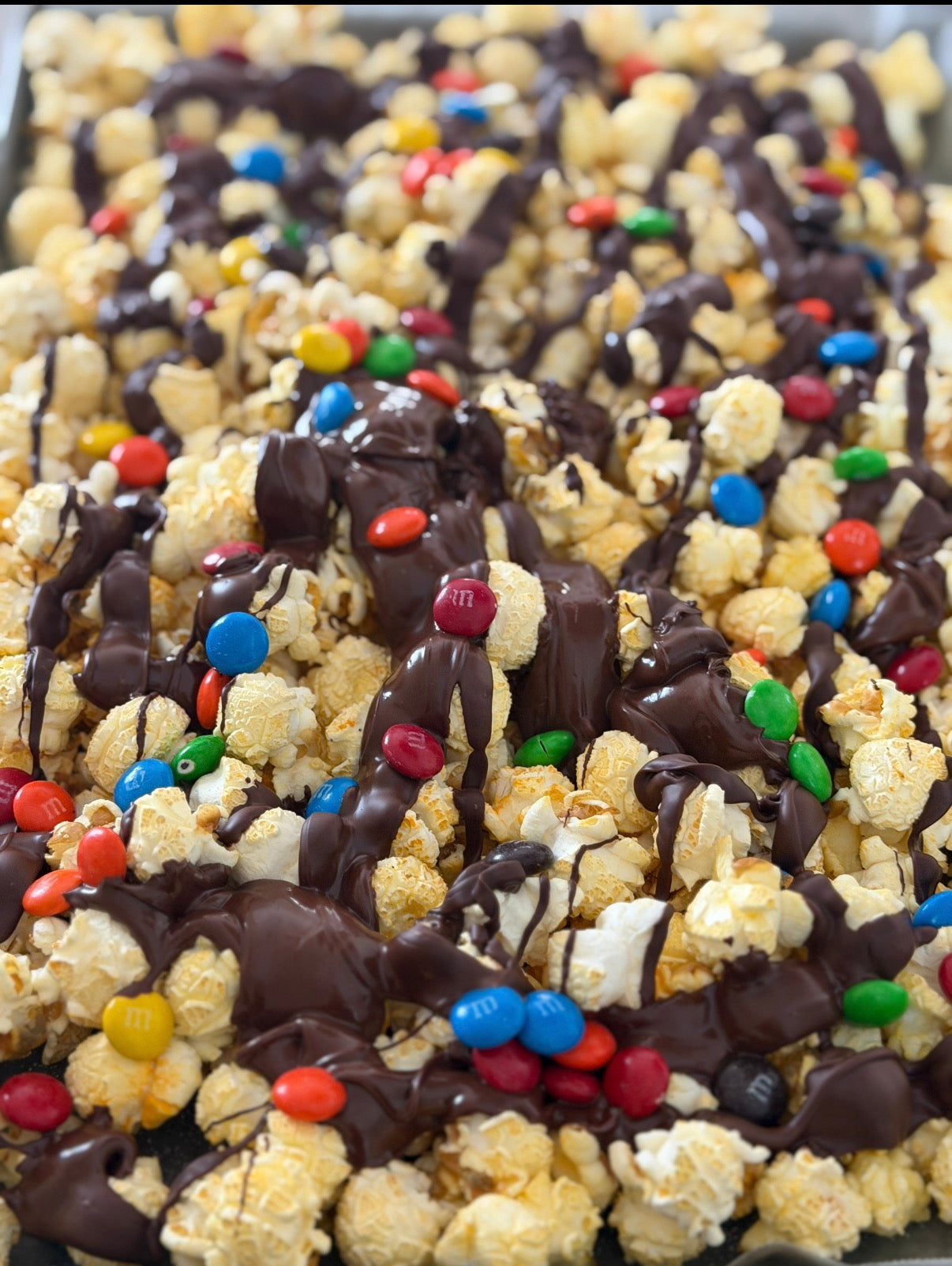M&M Chocolate Drizzle Popcorn