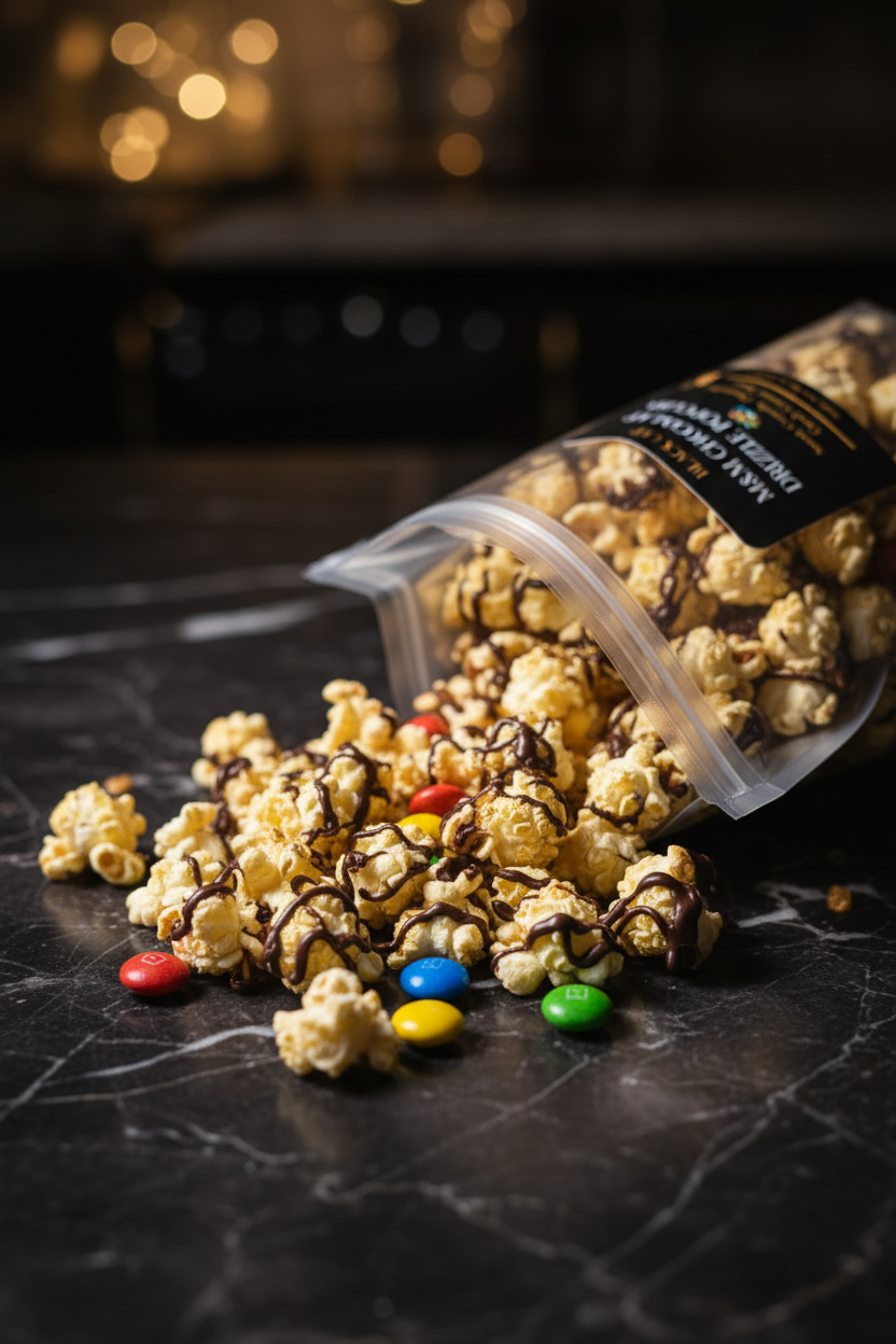 M&M Chocolate Drizzle Popcorn – Lifestyle